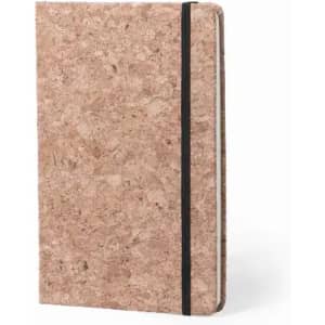 A cork notebook with a black elastic band closure and a textured natural finish.