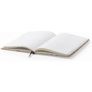 An open notebook with blank white pages and a soft pink cover. It features a ribbon bookmark.