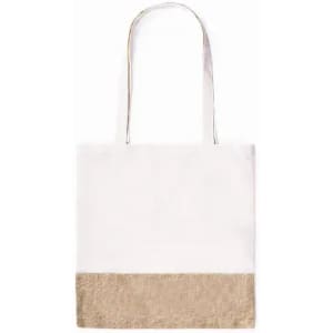 A tote bag in white with a gold bottom section and two shoulder straps. It features a simple design and no visible logo.