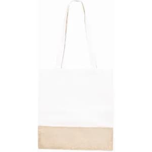A tote bag featuring a white upper section and a beige lower section, with two shoulder straps.