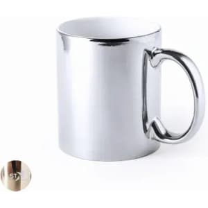 A drink mug with a shiny silver metallic finish and a curved handle, featuring a logo on the side.