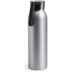 A drink bottle in silver with a black cap and handle, featuring a logo.