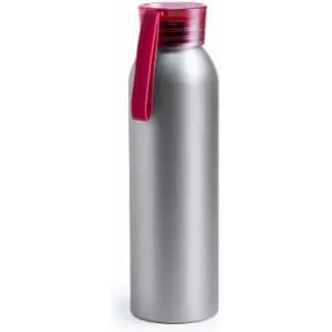A drink bottle with a silver body and a red flip-top lid, featuring a logo on the surface.