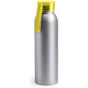 A drink bottle with a metallic silver finish and a bright yellow lid. It features a logo on the body.