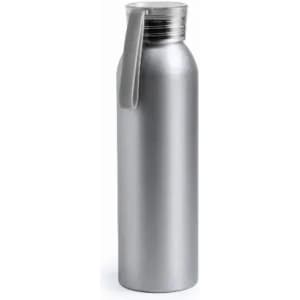 A drink bottle in silver with a sleek design and a handle for easy carrying. It also features a logo.