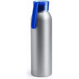 A drink bottle with a stainless steel body and a blue plastic lid and handle. It features a logo on the side.