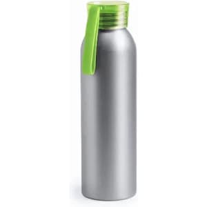 A drink bottle in silver with a green lid and a handle, featuring a logo on the side.