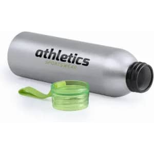 A drink bottle in silver with a green lid and a logo featuring the word "athletics."