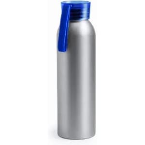 A drink bottle with a silver body and a blue lid, featuring a handle and a logo.