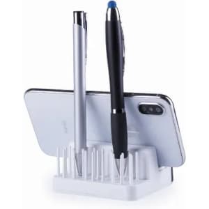 A desk organiser featuring a white base with slots for holding pens and a mobile phone.