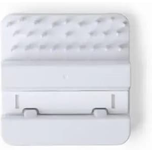 A white product with a textured surface and a back slot, featuring a simple design and a branding logo.