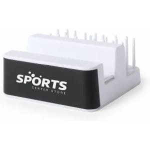 A display stand in white and black with multiple slots for holding sports equipment, featuring a logo.