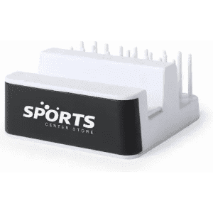 A white and black sports product display stand with multiple slots for holding items. It features a logo.