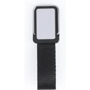 A rectangular product with a black strap and a clear, framed section. It features a logo at the top.