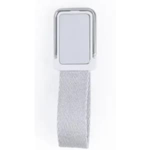 A grey strap with a rectangular silver buckle, featuring a plain white insert. The item includes a logo.