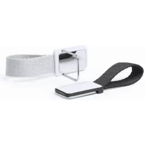 Two wristbands are displayed, one in grey with a silver buckle and the other in black with a silver clasp. Each has a logo.