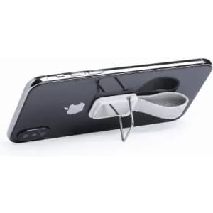 A phone stand with a grey elastic strap and a silver metal clip, securely attached to a black smartphone.