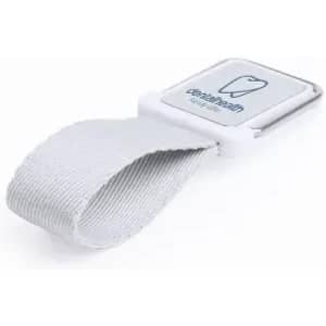 A dental health clip with a white strap and a rectangular holder. The holder has a logo on it.