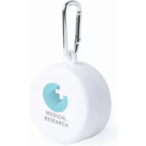 A round white keychain with a silver carabiner, featuring a logo on one side.