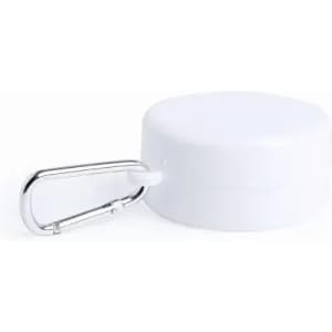 A white drink bottle with a silver carabiner attached to the lid. Features a smooth, rounded design.