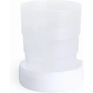 A drink bottle in a clear, frosted design with a white base. It features a logo on the surface.