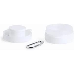 A drink bottle lid and base in white, accompanied by a silver carabiner clip. It has a simple design and branding.