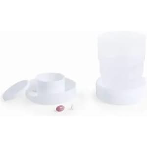 A stack of white containers with lids, featuring various sizes and shapes, shown alongside a small pink item.