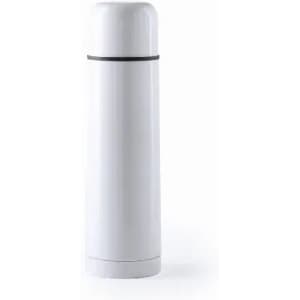 A drink bottle in white featuring a sleek design with a black band around the middle. It has a logo on it.