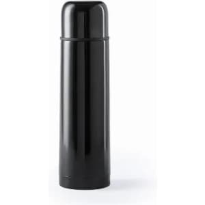 A drink bottle in a sleek black finish with a cylindrical shape and a cap. It features a branding logo.