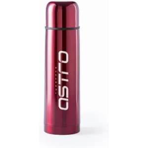 A drink bottle in a shiny red finish with a metallic look and a logo printed on the side.