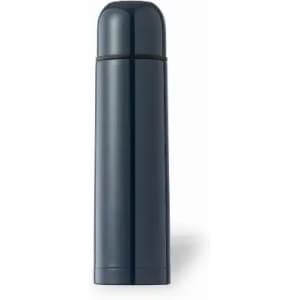 A drink bottle in dark blue with a sleek, cylindrical design and a rounded top. It features a logo.