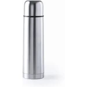 A drink bottle in a sleek stainless steel design with a shiny finish. The bottle features a logo.