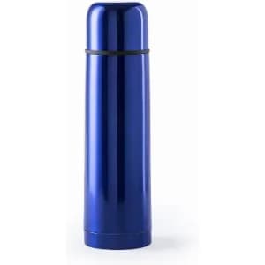 A drink bottle in a glossy blue finish, featuring a sleek design and a black accent band. It has a logo on the surface.