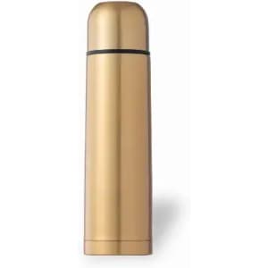 A drink bottle in a sleek gold finish with a black band and a rounded top, featuring a logo.