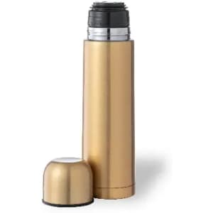 A drink bottle in a sleek gold finish, featuring a black cap and a silver interior. It has a logo on the surface.