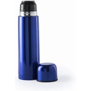 A blue drink bottle with a black cap, featuring a shiny surface and a separate lid. It includes a logo.