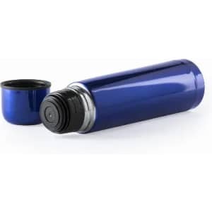 A drink bottle in a shiny blue finish, featuring a black screw cap and a silver band.