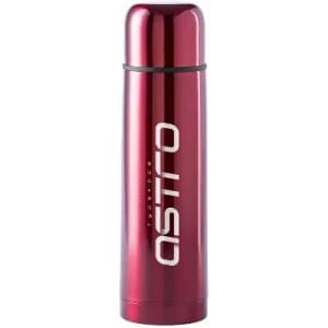 A drink bottle in a shiny red finish with a metal construction and a logo.