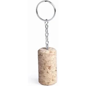 A cork keychain with a silver keyring, featuring a cylindrical cork body and a metal chain attachment.