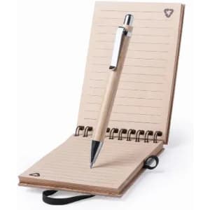 A notebook with lined pages and a wooden cover, accompanied by a silver pen, featuring a logo on the top.