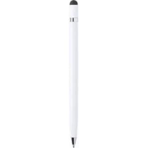 A white pen with a silver accent and a stylus tip at the end, featuring a sleek design.