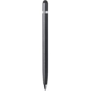 A sleek black pen with a silver accent, featuring a stylus tip for touchscreen devices.