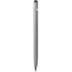 A grey pen with a sleek design, featuring a stylus tip and a metallic finish. It has a logo on the barrel.
