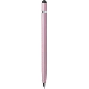 A pink stylus pen with a silver accent, featuring a soft tip for touchscreens.