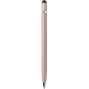 A pen in a soft pink colour with a silver accent and a stylus tip at one end. It features a sleek design.