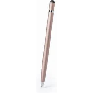 A pen in a rose gold colour with a black tip and shiny silver band. It features a logo on the body.