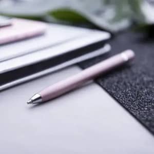 A pink pen rests on a surface beside a notebook and other stationery items, with green foliage in the background.