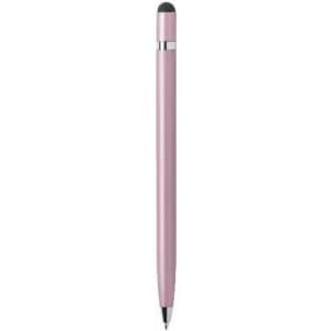 A pink stylus pen with a sleek design and a silver clip, featuring a dual function for touchscreens and writing.