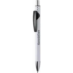 A white pen with a black clip, featuring a logo on the barrel.