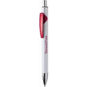 A white pen with a red grip and a logo on the side. The pen features a silver clip and a chrome tip.